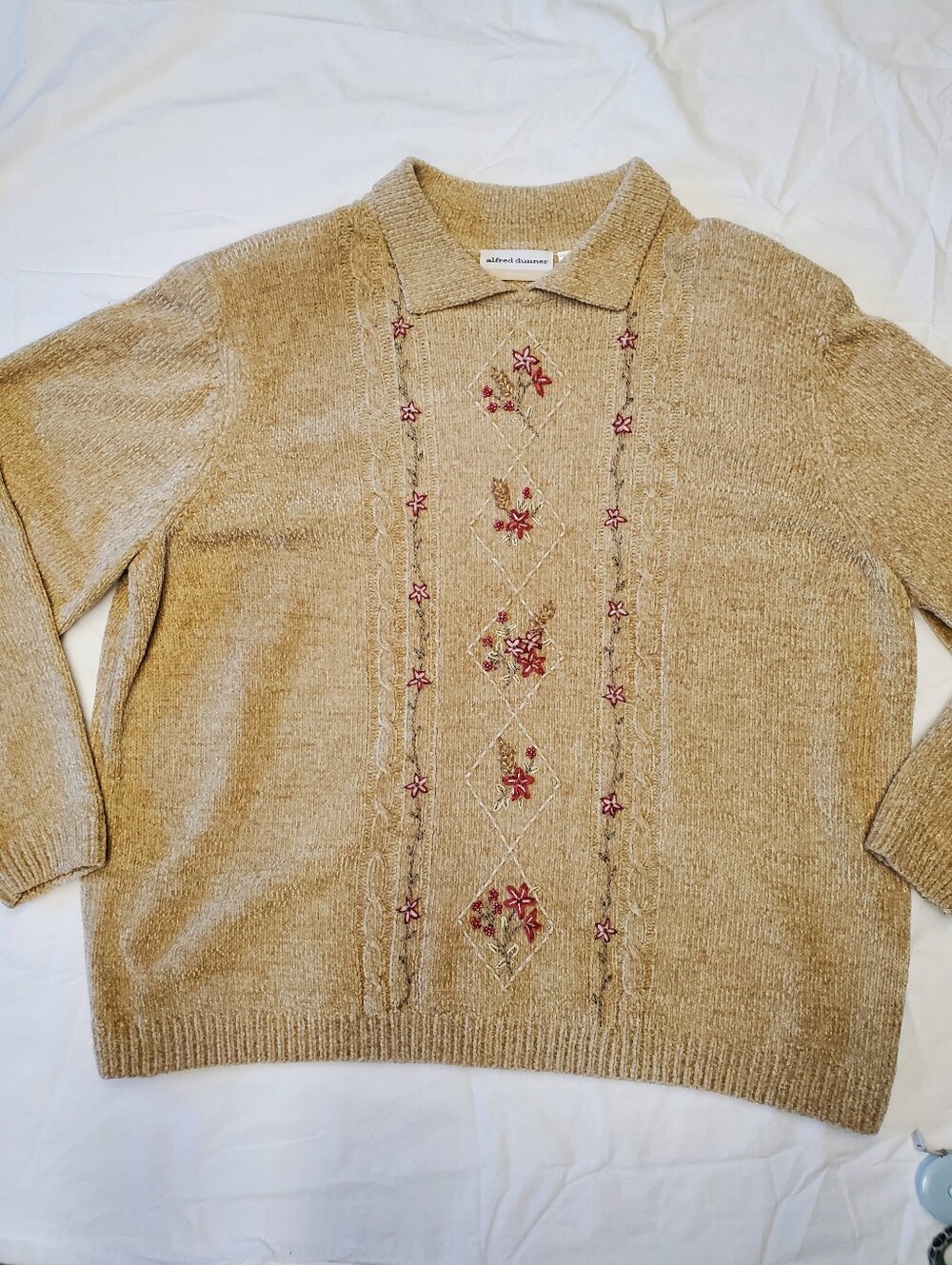 Alfred Dunner Woman 3X Chenille Collared Sweater Embroidered Beaded Floral Tan